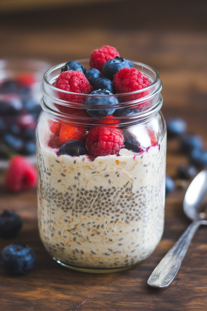 Photo of an indoor mason jar filled with overnight oats layered with chia seeds and berries, no text or logos.