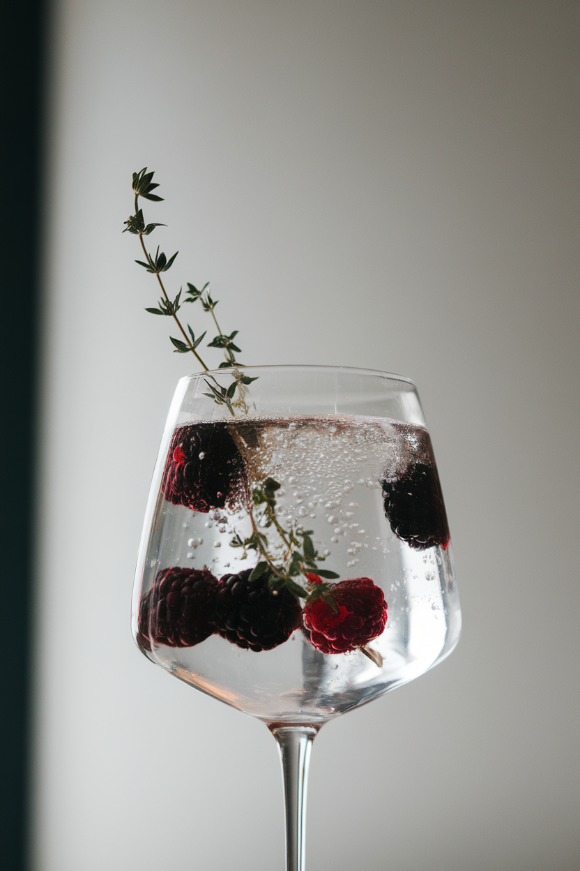 Indoor photo of a Collins glass with dark blackberry mocktail, thyme sprig pressed against inside, tonic bubbles visible; no text or logos.