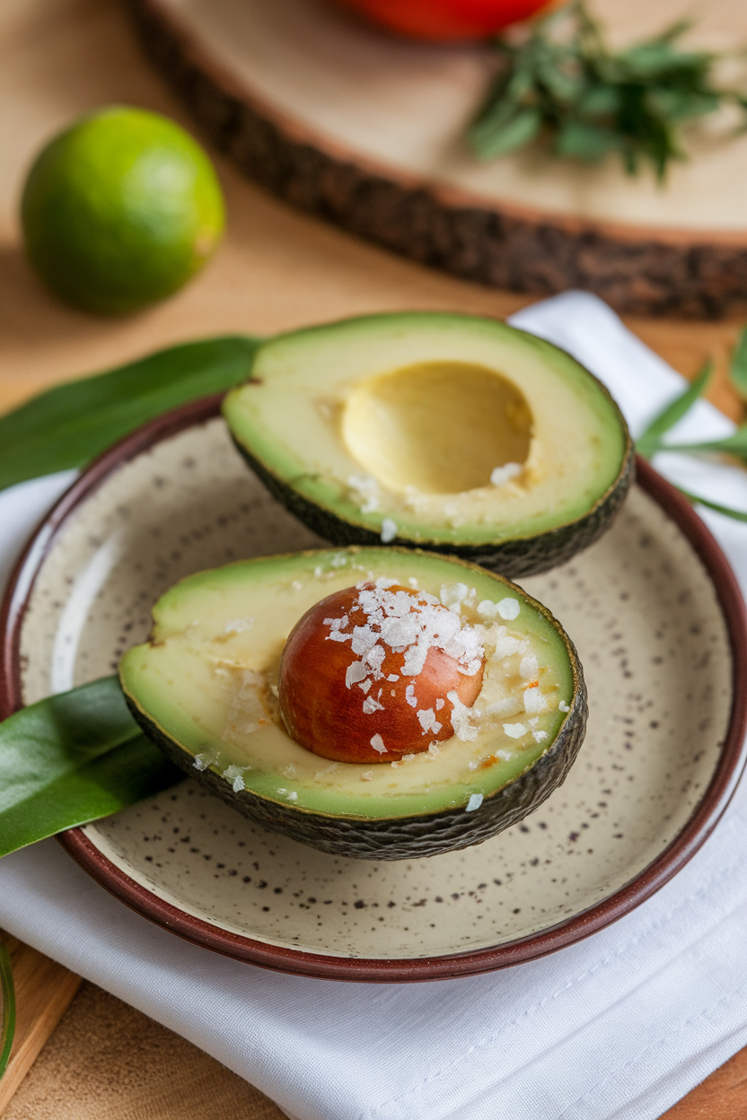 Indoor photo of half an avocado sprinkled with sea salt and lime, sitting on a ceramic plate; no text or logos.