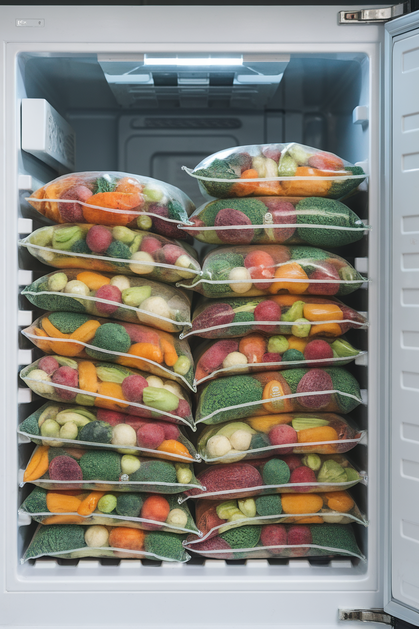Photo prompt: An indoor freezer door open to bags of mixed frozen vegetables stacked neatly, no logos displayed.