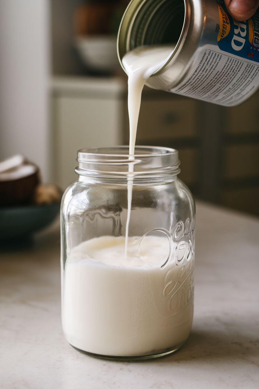 Indoor countertop with a can of coconut milk poured into a glass jar, thick cream separating on top; no text or logos. Photo.