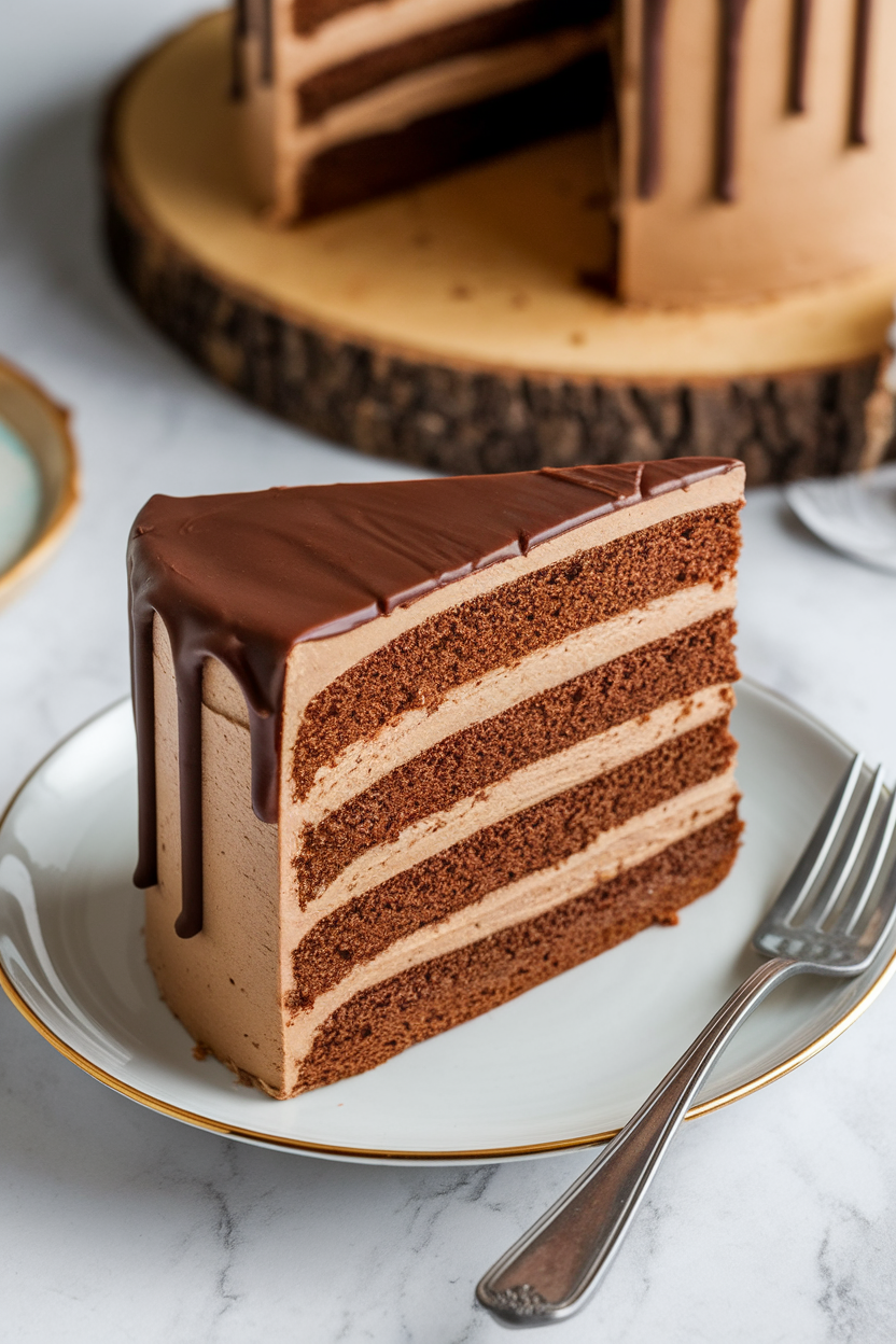 Indoor photo of a sliced mocha cake with coffee buttercream between layers, chocolate drip on top, no text or logos