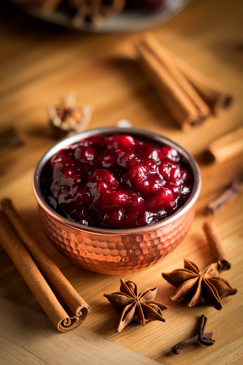 Indoor photo of deep red cranberry sauce in a small copper bowl, whole spices visible nearby. No text or logos.