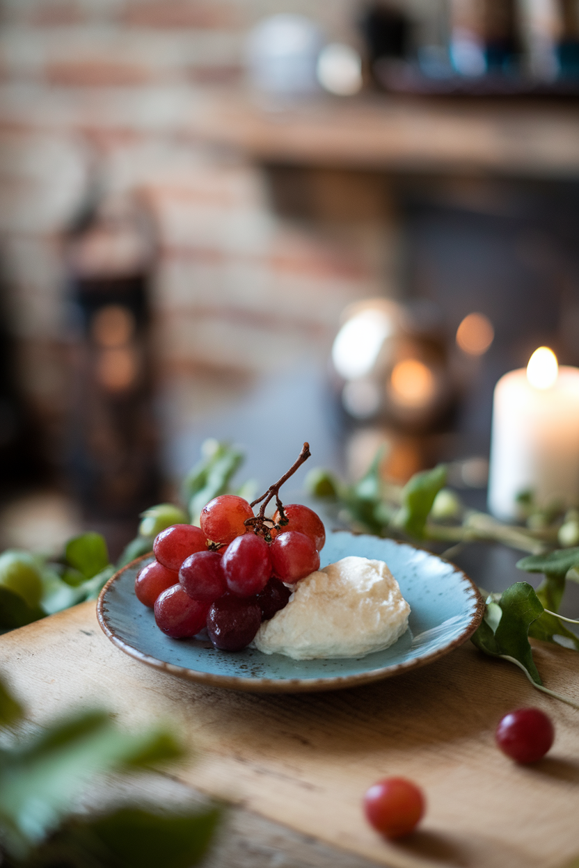 An indoor small plate with roasted red grapes glistening beside a dollop of ricotta—no text or logos; photo, not illustration