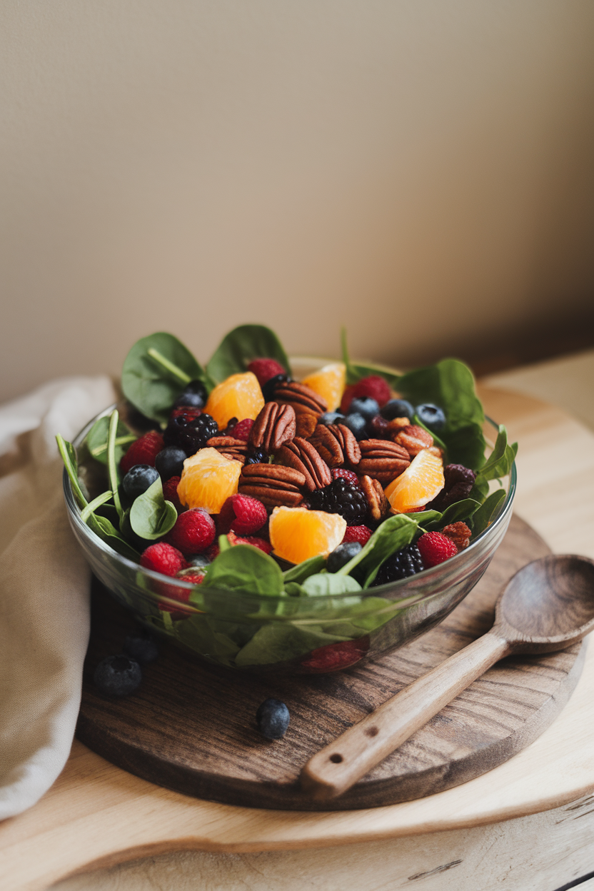 Indoor salad bowl full of spinach, mixed berries, toasted pecans, and orange segments, photographed overhead. No text or logos.