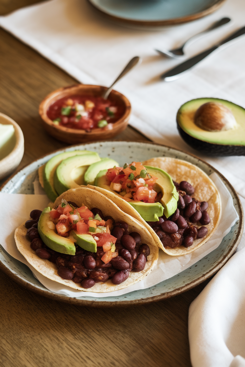 A vibrant plate of black bean tacos with avocado and salsa on a dining table, indoor photo, no text or logos