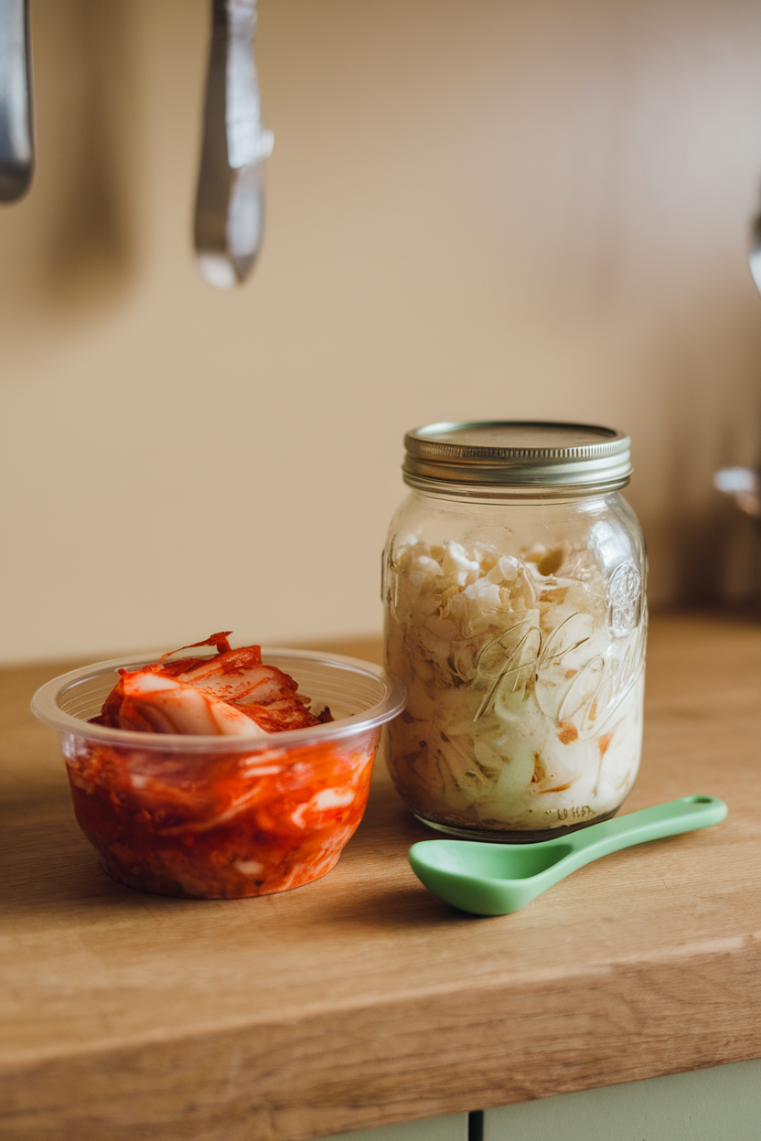 Photo of an indoor small bowl of kimchi and a jar of sauerkraut on a wooden kitchen counter. No text or logos.