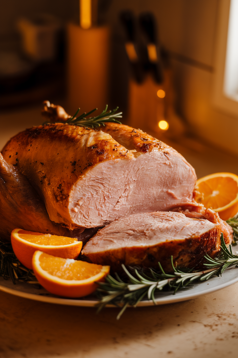 Photo of a carved roasted turkey breast garnished with fresh rosemary and orange slices on an indoor kitchen countertop under warm lighting. The meat is clearly cooked, skin browned and crisp. No text or logos anywhere in the scene.