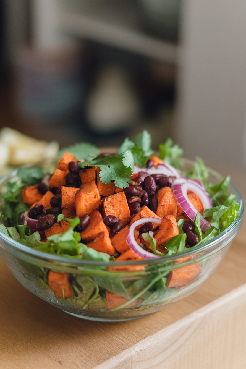 A salad bowl indoors featuring diced roasted sweet potatoes, black beans, red onion, and cilantro dressed lightly, no logos or text. Photo only.