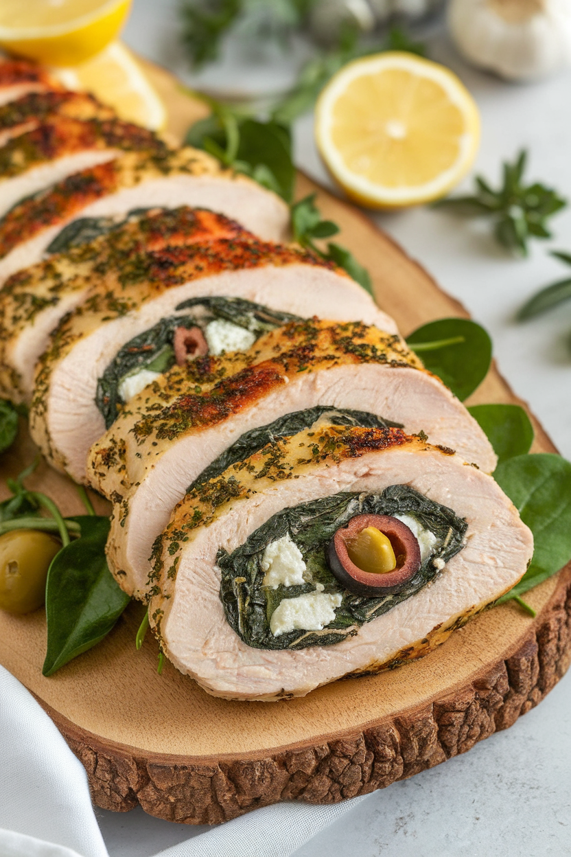 Indoor photo of sliced chicken breast revealing a spinach, feta, and olive stuffing on a wooden platter; no text or logos.