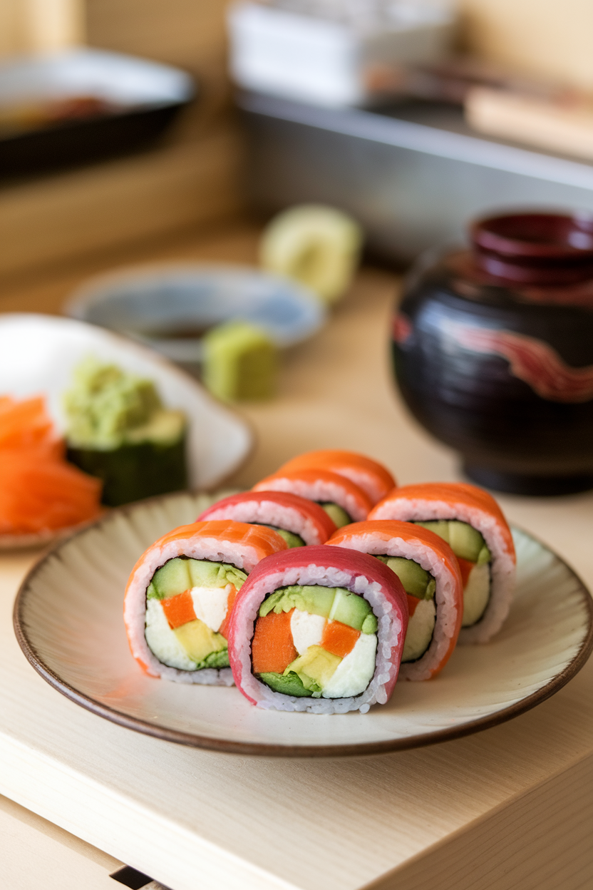 Indoor sushi-prep station with sliced rolls showing colorful layers of cucumber, bell pepper, carrot, and avocado, served on a plain plate. No text or logos; photo only.