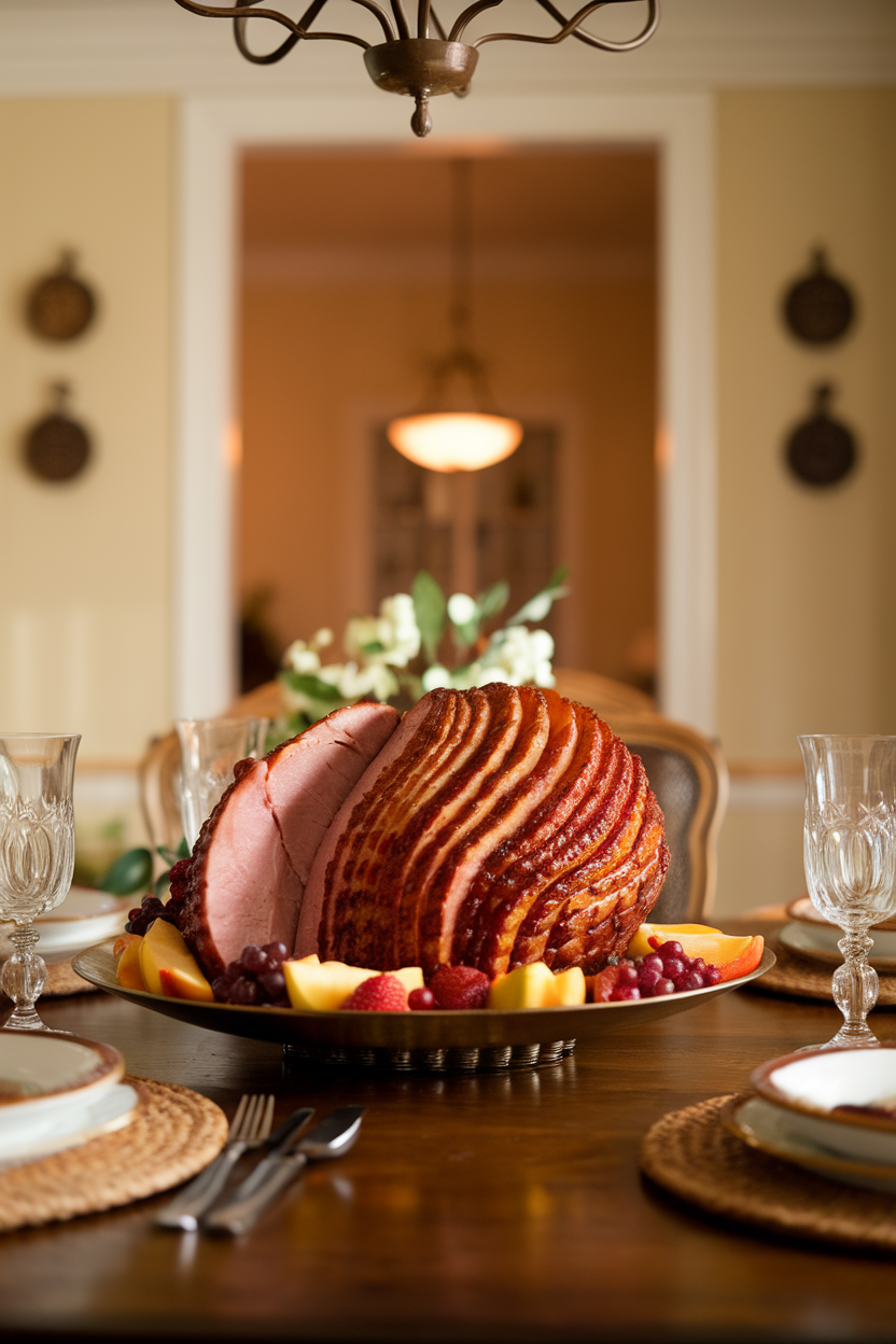 Photo of spiral-sliced ham shimmering with maple glaze on a platter inside a warmly lit dining room; no text or logos.