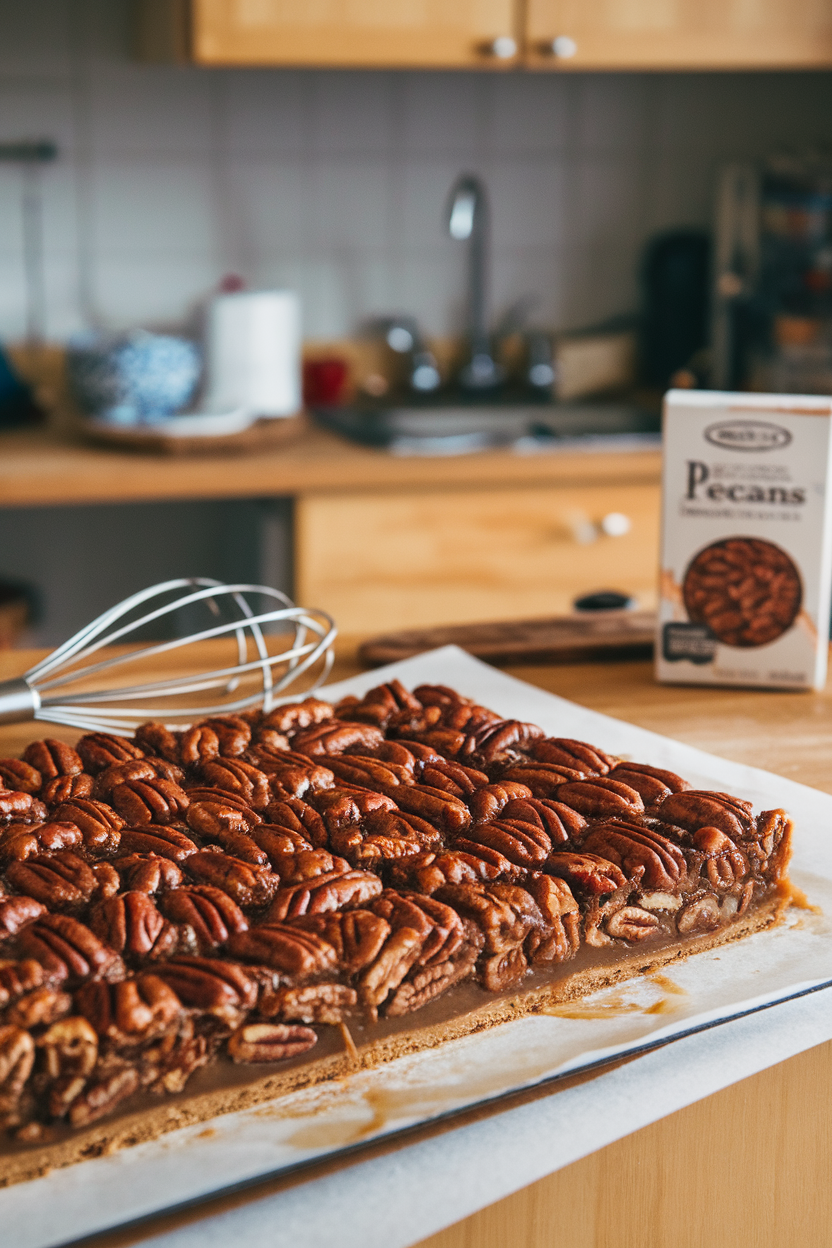 Indoor kitchen counter image of gooey pecan pie bars cut into squares, caramel filling visible, no text or logos.
