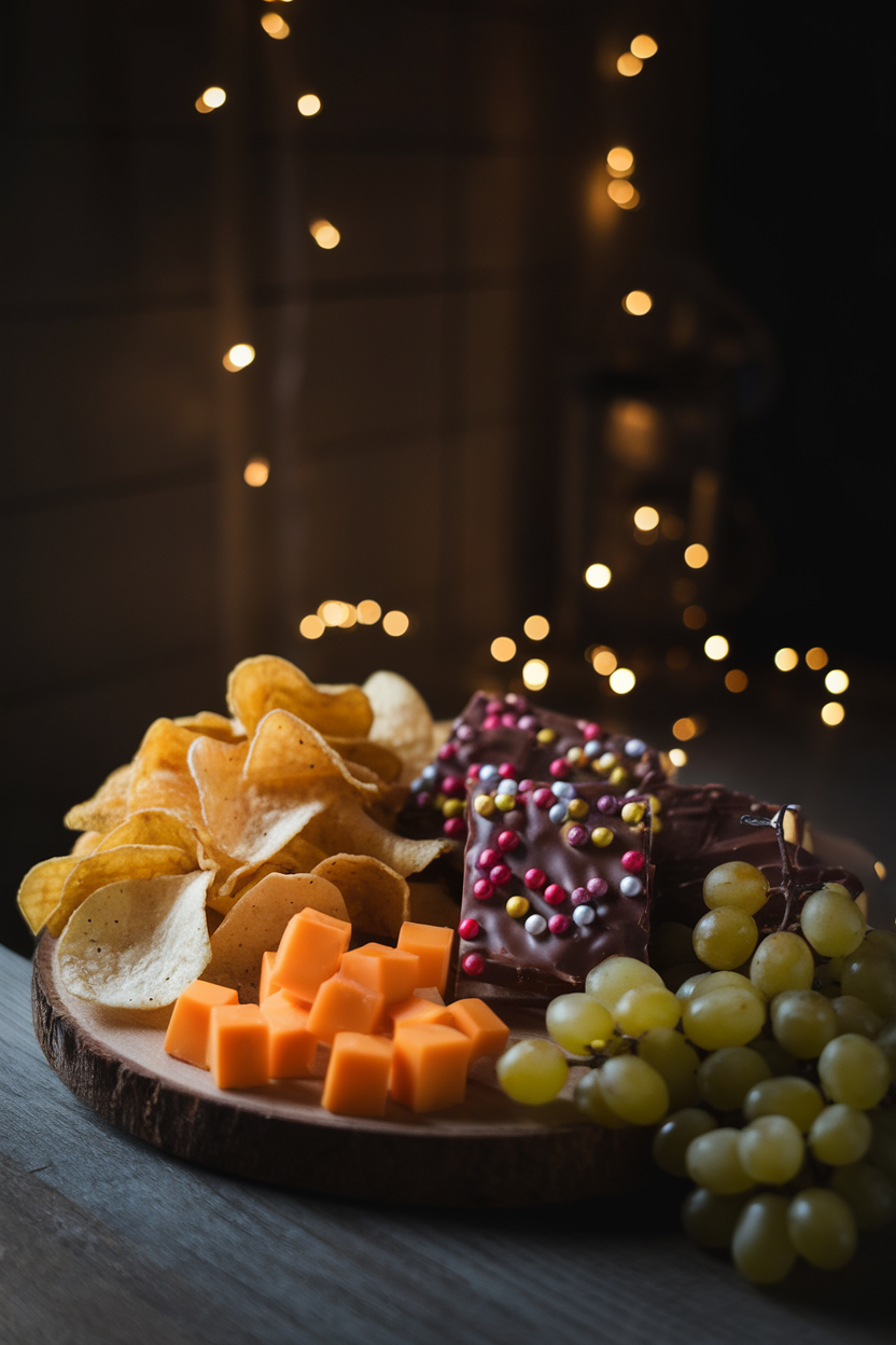 Dim indoor scene lit by fairy lights, showing a board with salty kettle chips, milk chocolate bark with popping candy, cheddar cubes, and sparkling grape clusters; no text or logos.