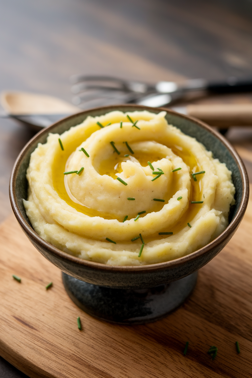 An indoor serving bowl of creamy mashed potatoes swirled with golden olive oil and sprinkled with chives; no text or logos.