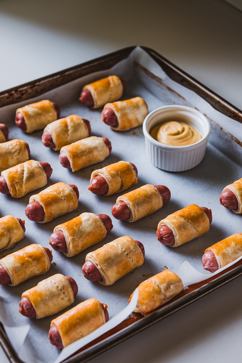 Photo of an indoor baking sheet lined with flaky crescent-wrapped mini sausages, a ramekin of mustard for dipping; no text or logos.