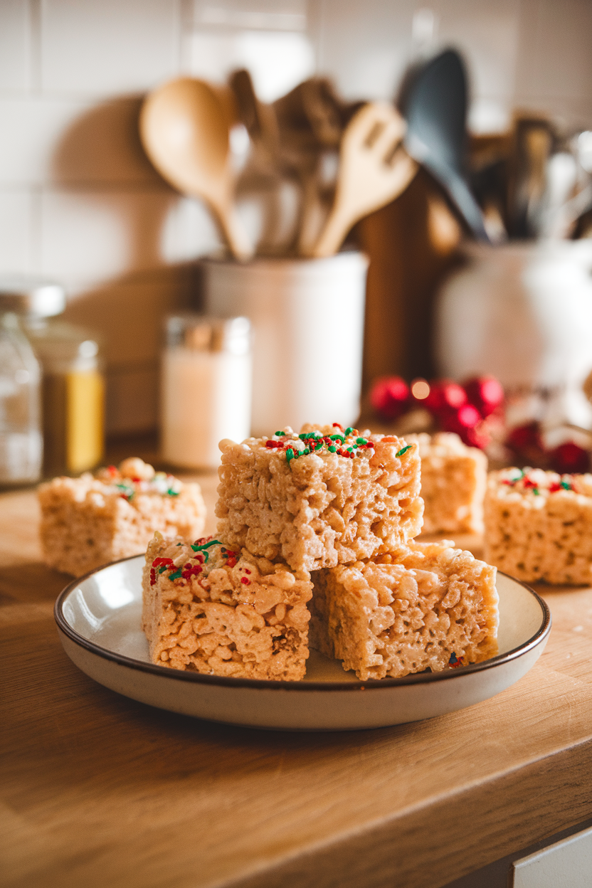 An indoor kitchen counter with squares of brown butter rice krispie treats, holiday sprinkles on top. No text or logos.</Prompt