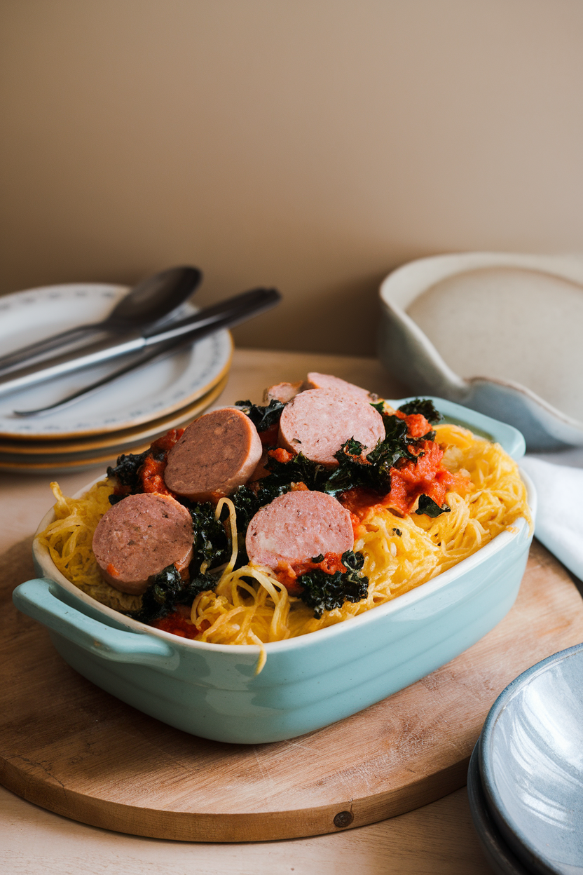 Indoor dining scene with a casserole containing spaghetti squash strands, sliced turkey sausage, kale, and tomato basil sauce, lightly browned. No logos or text.
