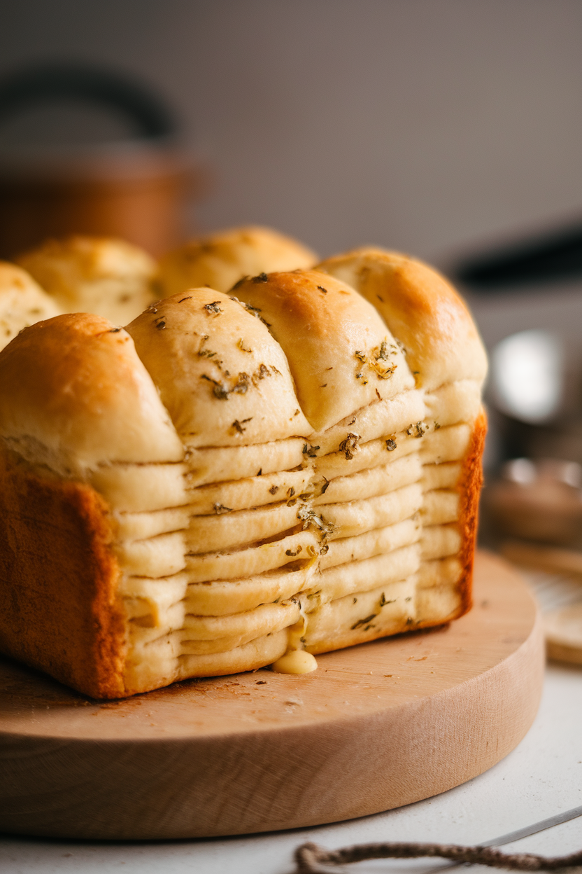 Warm indoor photo of a loaf of pull-apart bread oozing herbed garlic butter between layers, set on a wooden board. No text or logos.