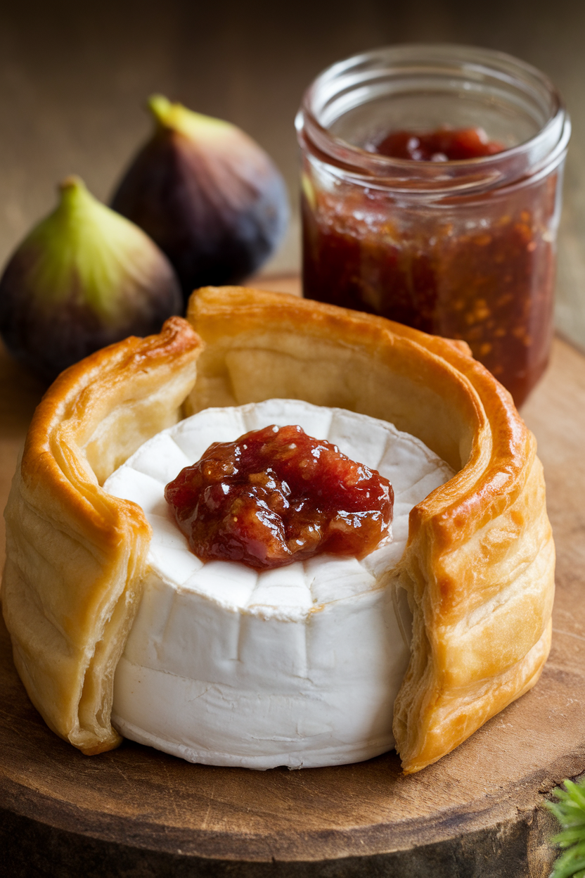 Indoor photo of a small wheel of brie wrapped in puff pastry, oozing slightly, with fig jam on the side. No text or logos.