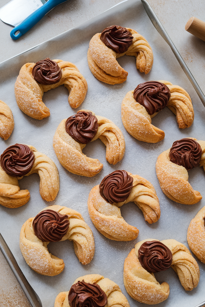 An indoor baking sheet with crescent-shaped rugelach cookies swirled with chocolate-hazelnut spread, lightly dusted with sugar. No text or logos, photo only.