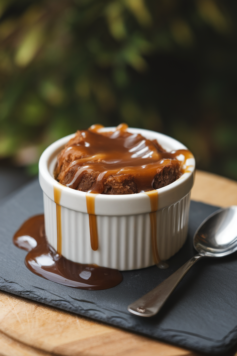 Individual ramekin of sticky toffee pudding indoors, toffee sauce dripping down the sides, small spoon beside it. No logos or text.