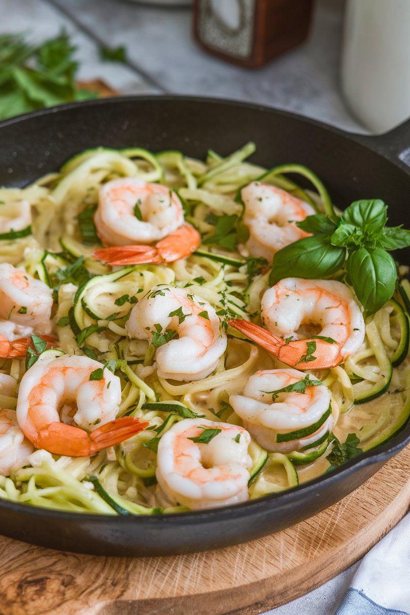 An indoor skillet containing cooked zucchini noodles and shrimp in a light garlic lemon sauce. Photo, no text or logos.