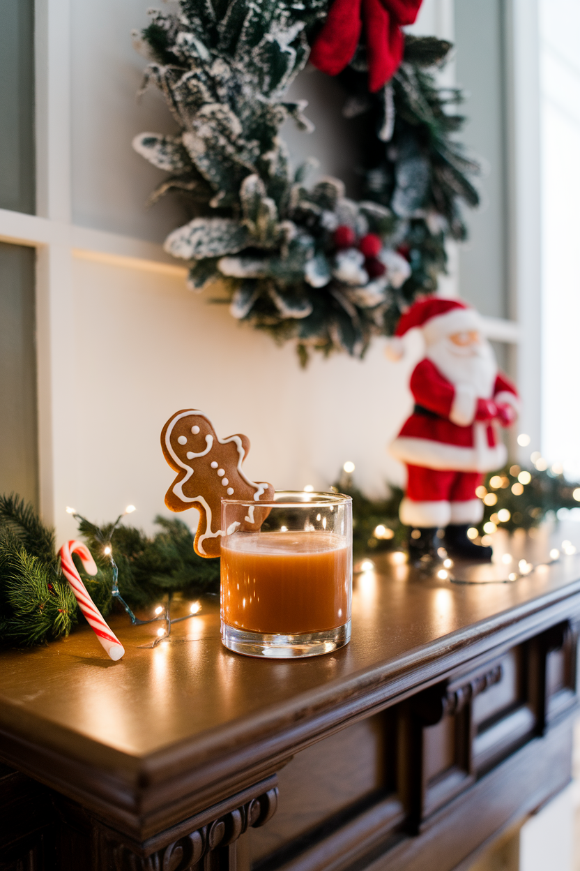 Indoor holiday mantel scene with a rocks glass of gingerbread old fashioned, tiny gingerbread cookie leaning on rim. Photo, no text or logos.