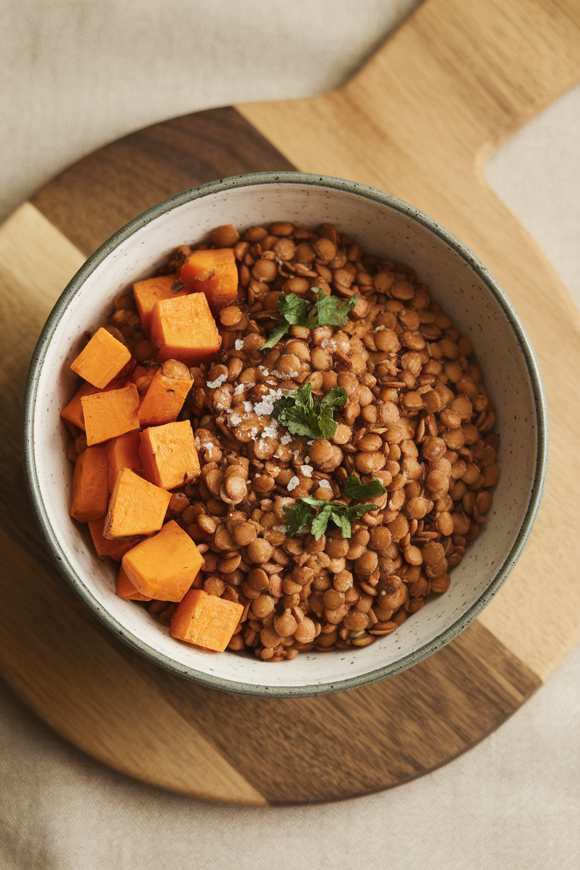 An indoor bowl filled with spiced lentils, roasted sweet potato cubes, and a sprinkle of parsley; no logos or text.