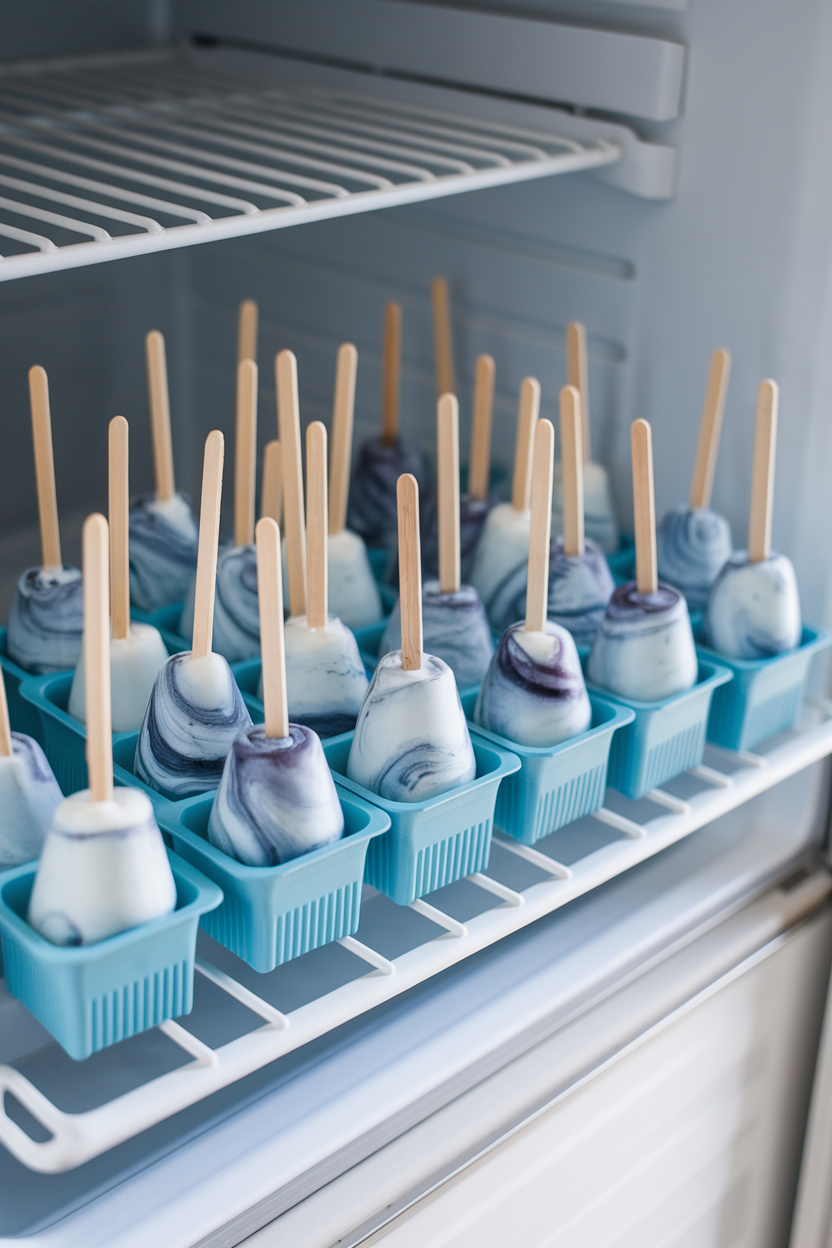 An indoor freezer door shelf lined with small silicone pop molds filled with swirled blueberry yogurt, sticks upright. No text or logos.