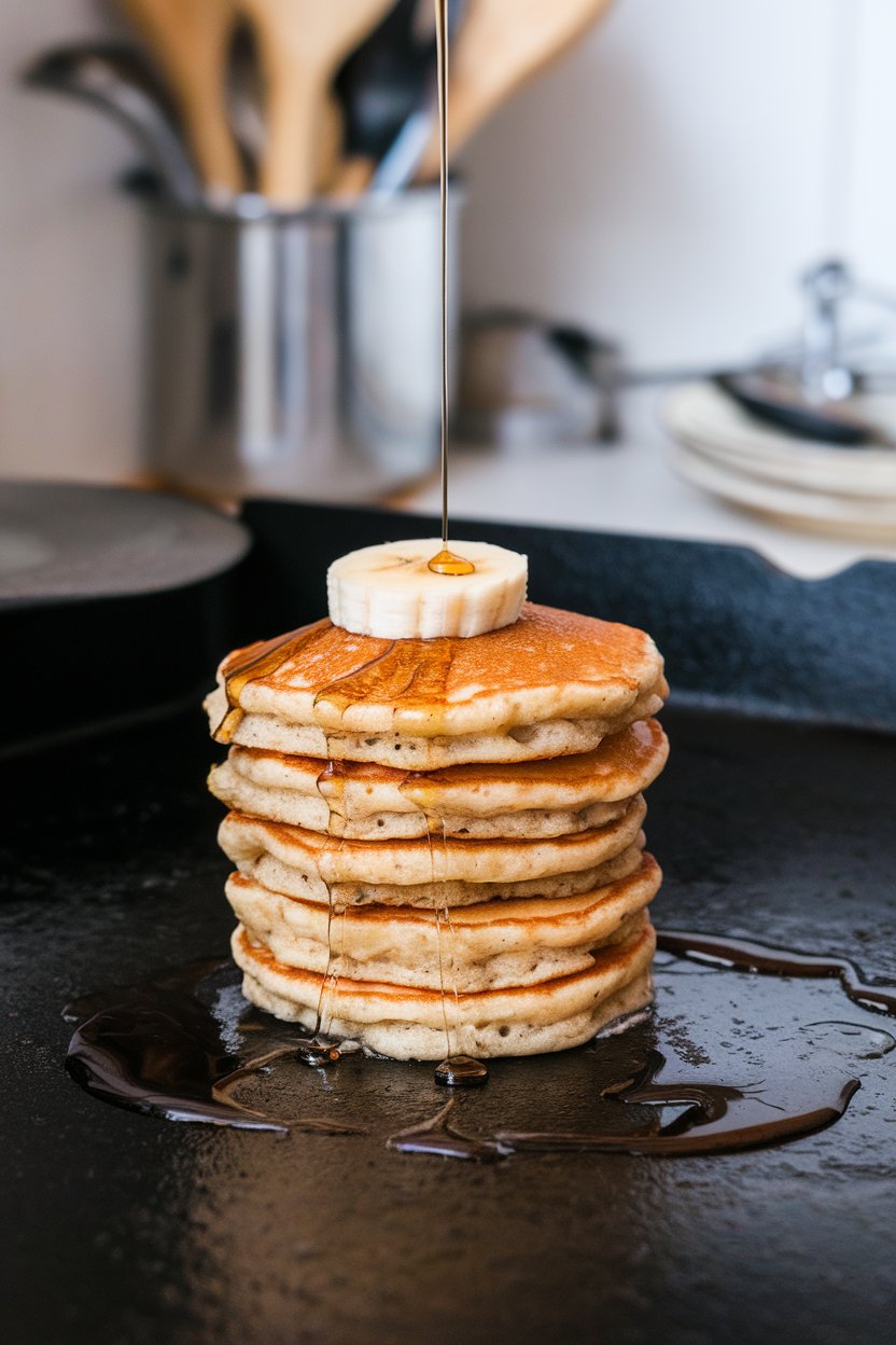 An indoor griddle scene with a stack of small oat-banana pancakes drizzled with a little pure maple syrup. Photo, no text or logos.