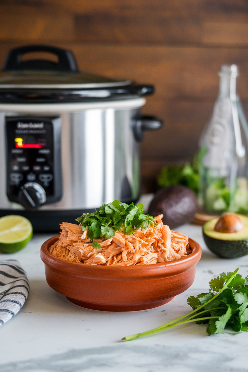 An indoor counter with a ceramic bowl of shredded salsa chicken topped with chopped cilantro, slow-cooker in the background. No logos or text. Photo.