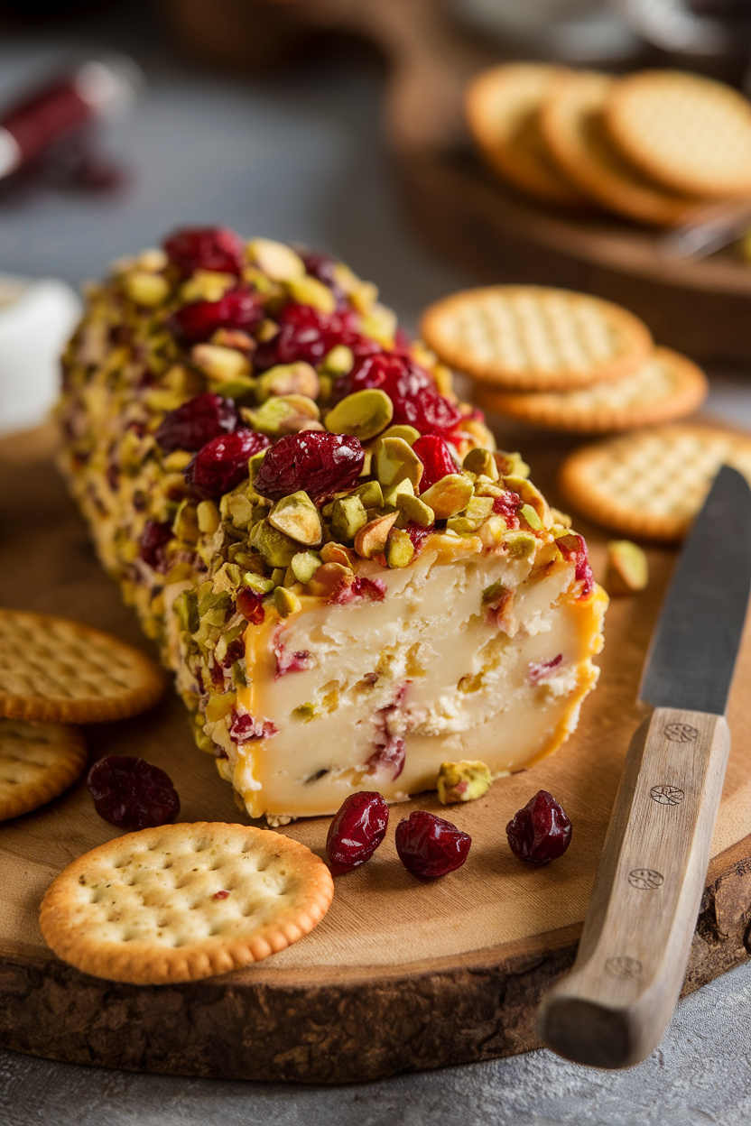 Photo indoors of a cheese log coated with chopped cranberries and pistachios, knife resting beside it, crackers nearby. No text or logos visible.