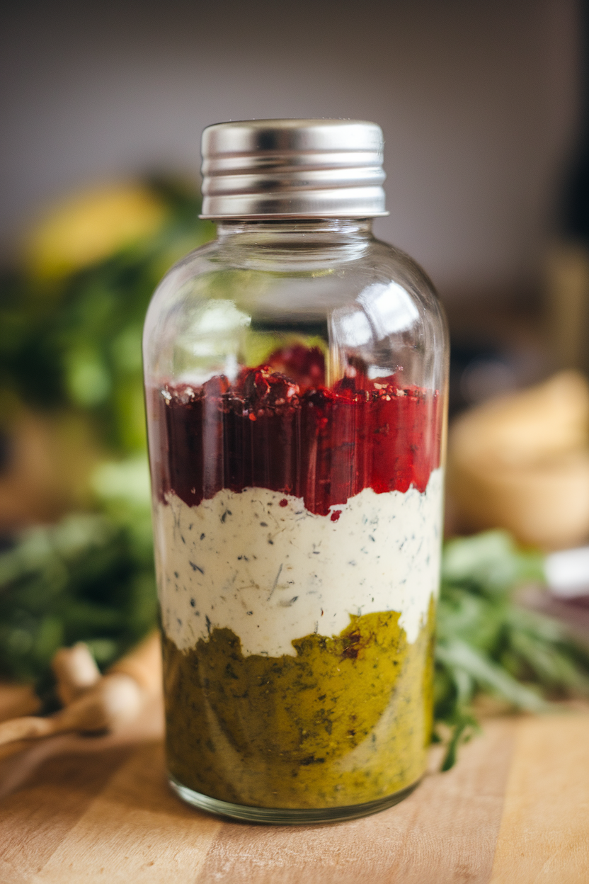 Indoor shot of a glass shaker bottle containing layered vinaigrette ingredients before shaking, no text or logos.