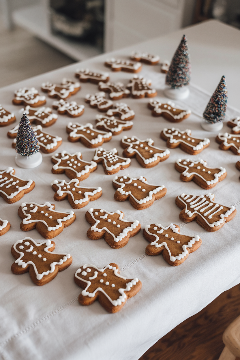 Indoor kitchen table sprinkled with gingerbread men and trees, lightly frosted details, no text or logos. Photo only.
