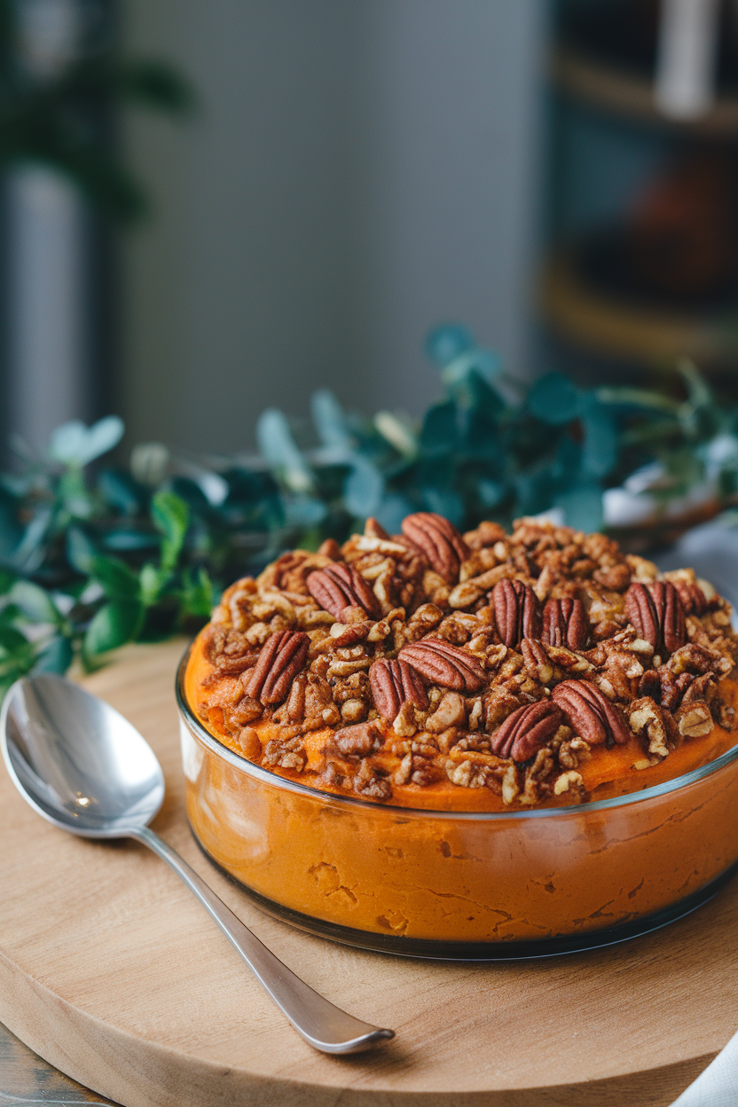 Indoor photo of a casserole dish showing a smooth sweet potato layer topped with crunchy pecan streusel, a serving spoon ready. No text or logos.