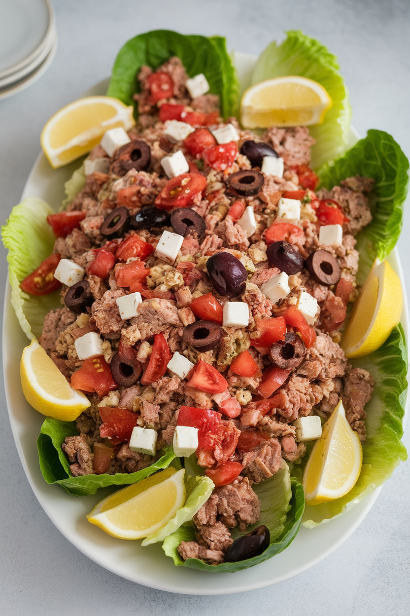 Indoor photo of crisp romaine leaves holding ground turkey mixed with diced tomatoes, olives, and feta, displayed on a white platter, no text or logos.