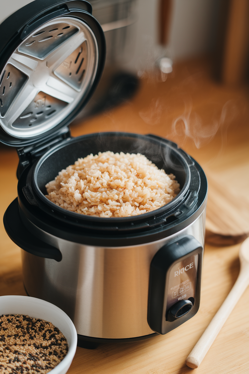 Photo prompt: An indoor rice cooker open to show steaming brown rice, quinoa bowl beside it, no branding.
