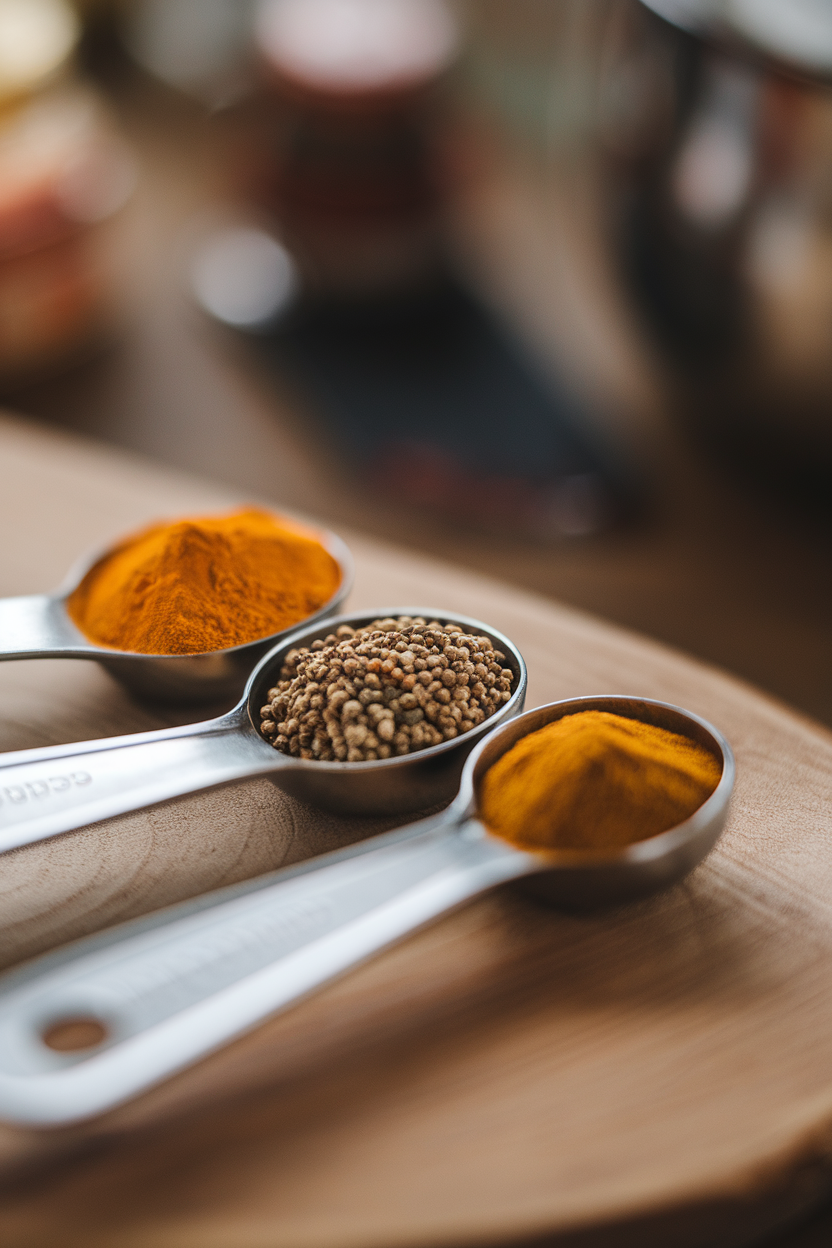 Indoor close-up photo of stainless measuring spoons holding spices like turmeric and cumin, soft light, no text.