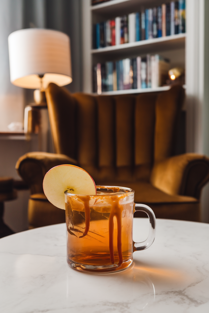 An indoor reading-nook table holding a clear glass mug of amber toddy, caramel drizzle on the rim, and a thin apple slice floating. No text or logos; photograph, not illustration.
