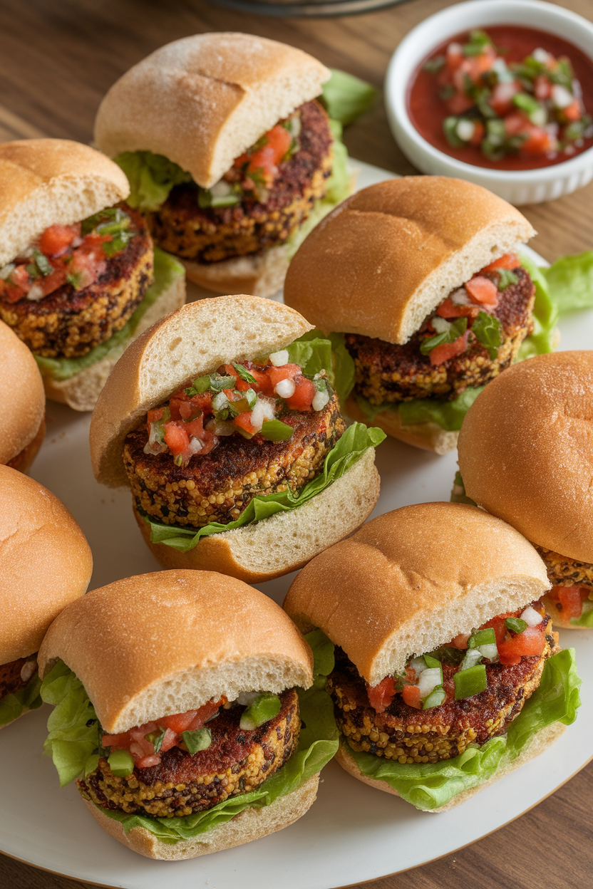 An indoor platter of mini whole-grain buns stuffed with quinoa-black bean patties, lettuce, and salsa—photo, no text or logos.