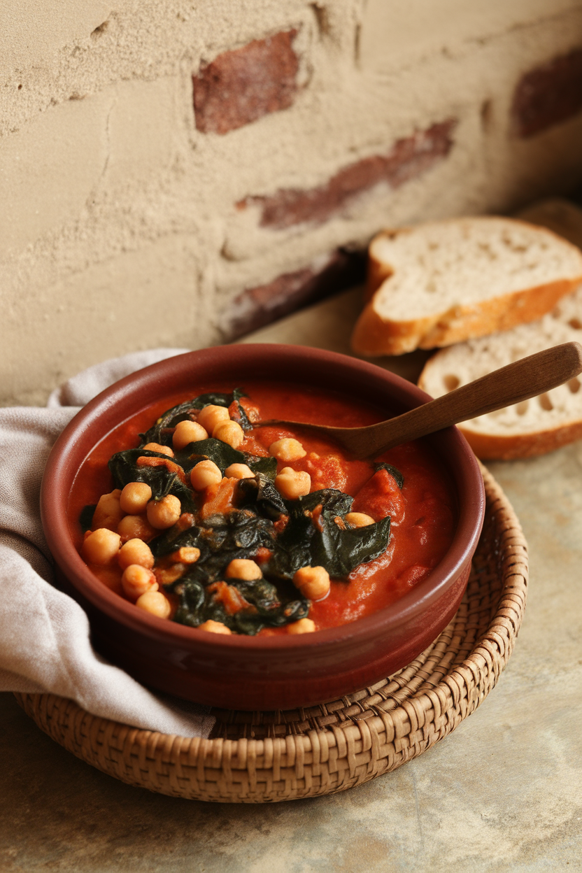 Photo of a rustic indoor tabletop displaying a ceramic bowl of chunky tomato-based chickpea and spinach stew, steam rising gently. No logos or text visible.