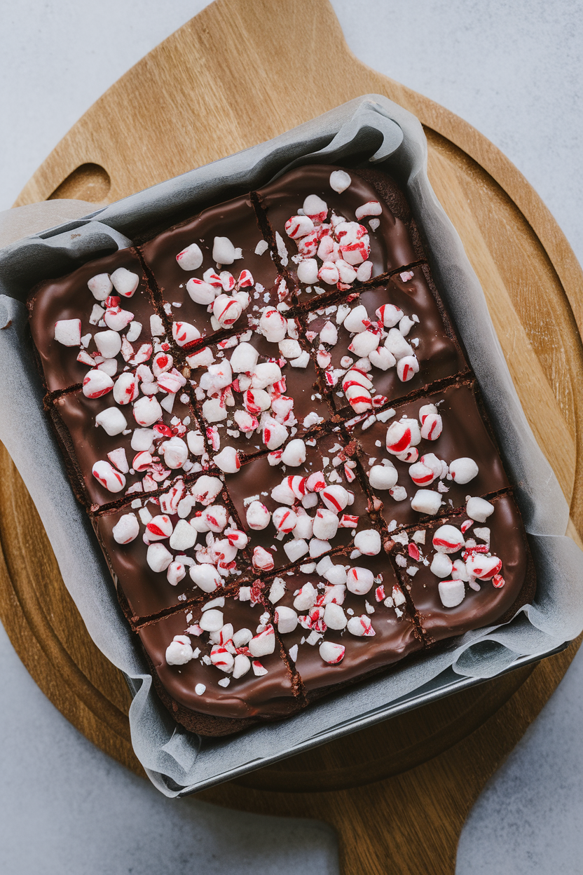 Indoor brownie pan with shiny chocolate squares sprinkled with crushed candy canes, overhead view. No text or logos. Photo only.