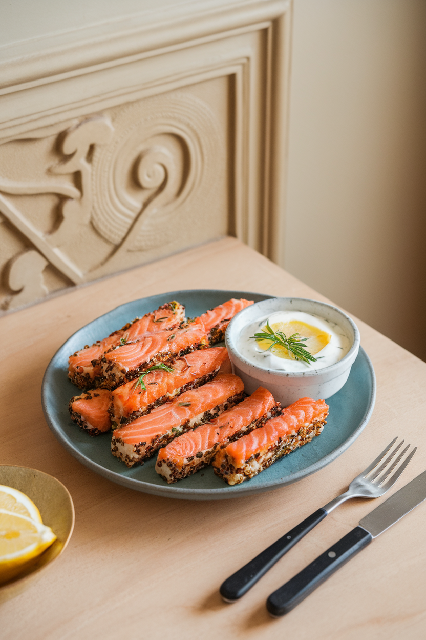 Indoor dining table with a plate of cooked salmon quinoa sticks, golden on the outside, served alongside a lemon yogurt dip. No text or logos anywhere.