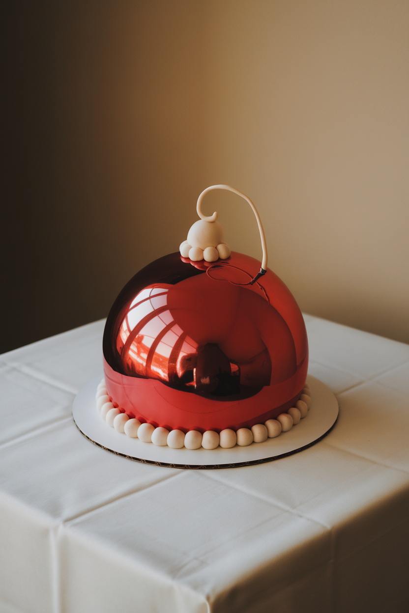 Indoor scene with a perfect sphere cake coated in glossy red mirror glaze, finished with a small fondant “cap” and hanging loop. Gentle overhead lighting; photo realism.