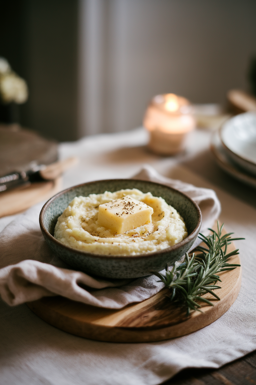 A softly lit indoor dining table with a rustic bowl of whipped cauliflower mash topped with a pat of melting herb butter and cracked pepper. No text or logos in the scene. Photo only.