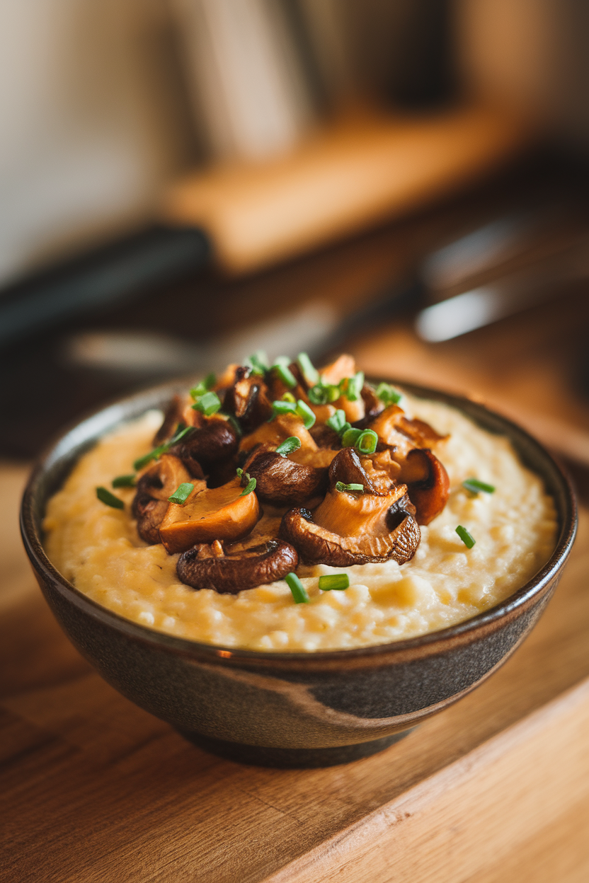 Bowl indoors of creamy cheddar grits topped generously with roasted mushroom medley and chopped chives, no logos or text.
