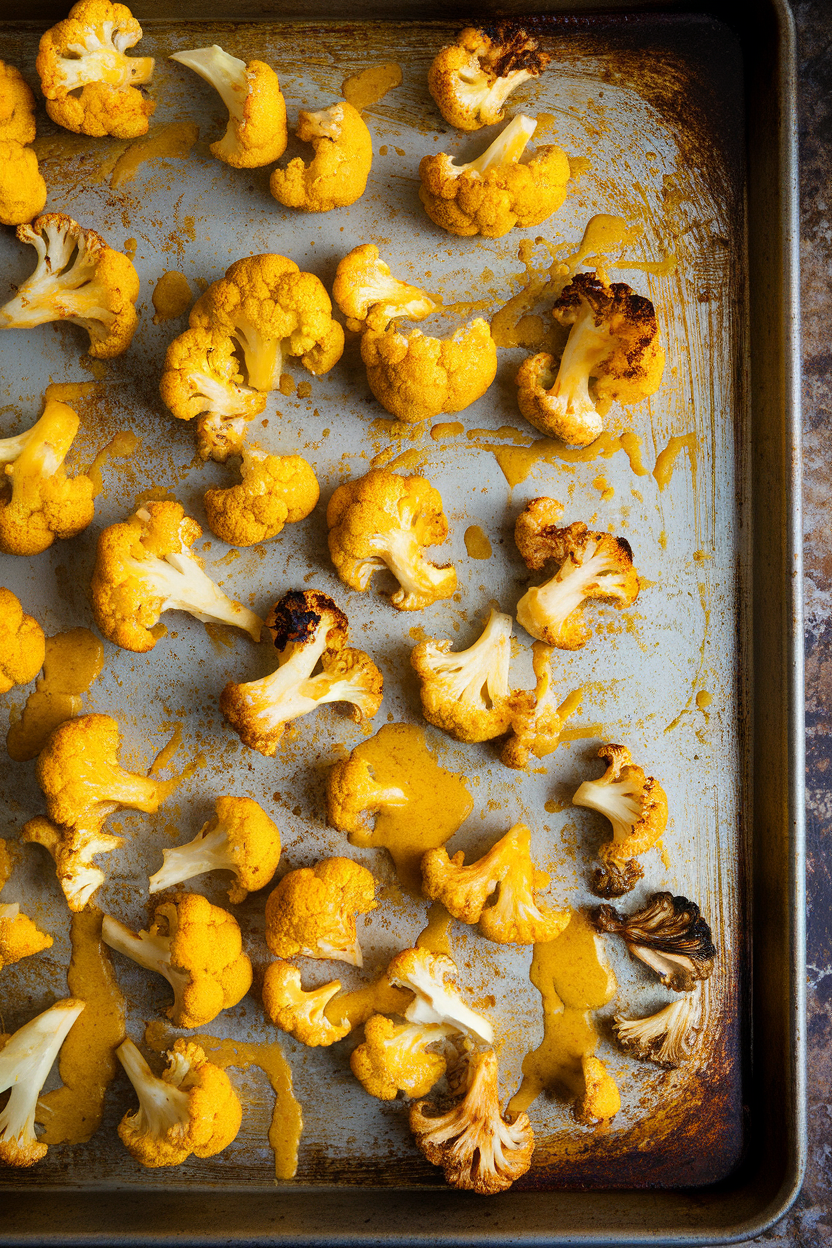 Indoor baking sheet of golden roasted cauliflower florets coated in turmeric glaze, overhead view. No text or logos.