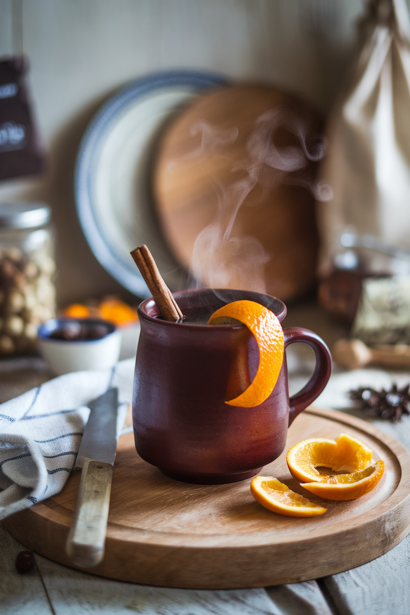 Rustic indoor kitchen with a ceramic mug of steaming mulled wine, cinnamon stick protruding, orange peel draped on rim. Photo, no text or logos.