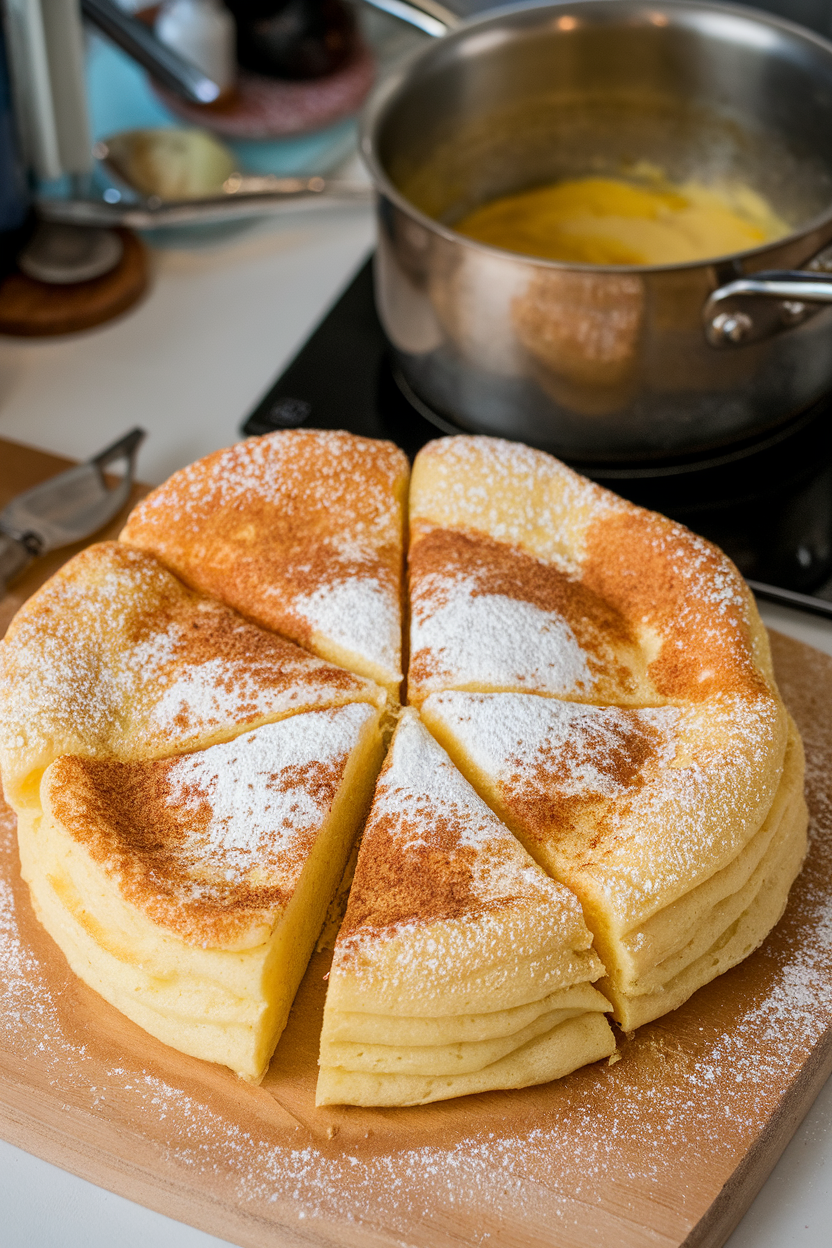 Indoor photo of a puffy skillet pancake dusted with powdered sugar and cinnamon, sliced into wedges; no text or logos.